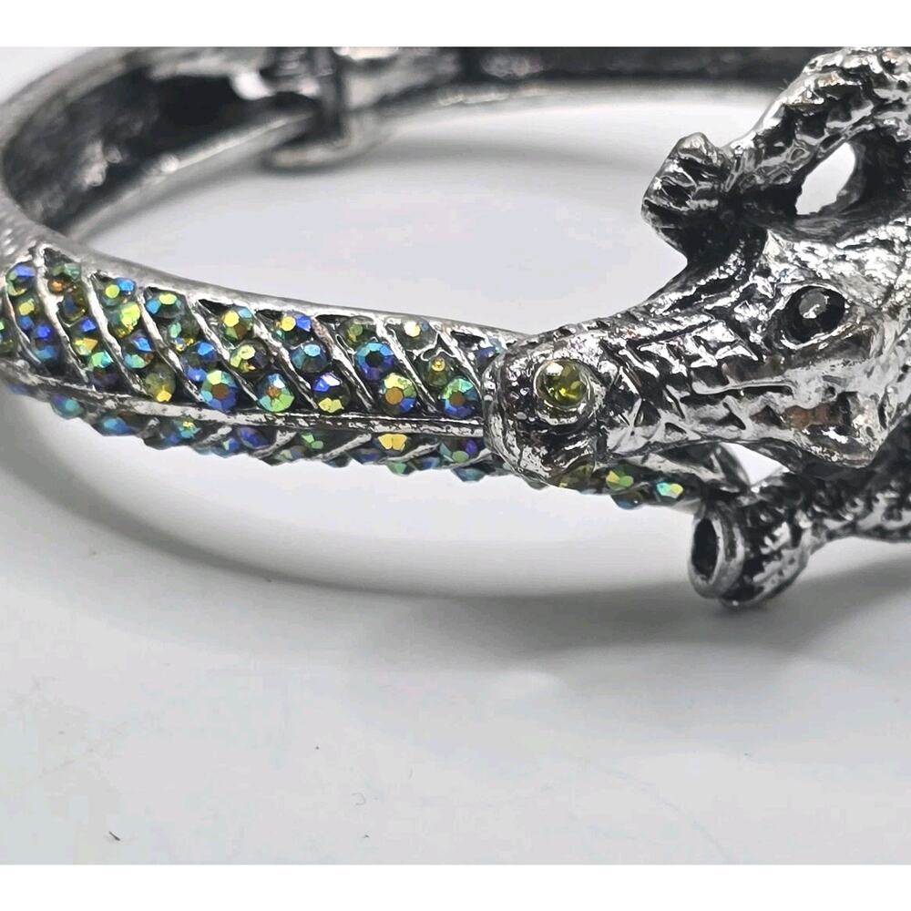 Bracelet Alligator Crocodile Green Blue Rhinestones Pave Setting Hinged Cuff - Picture 10 of 11